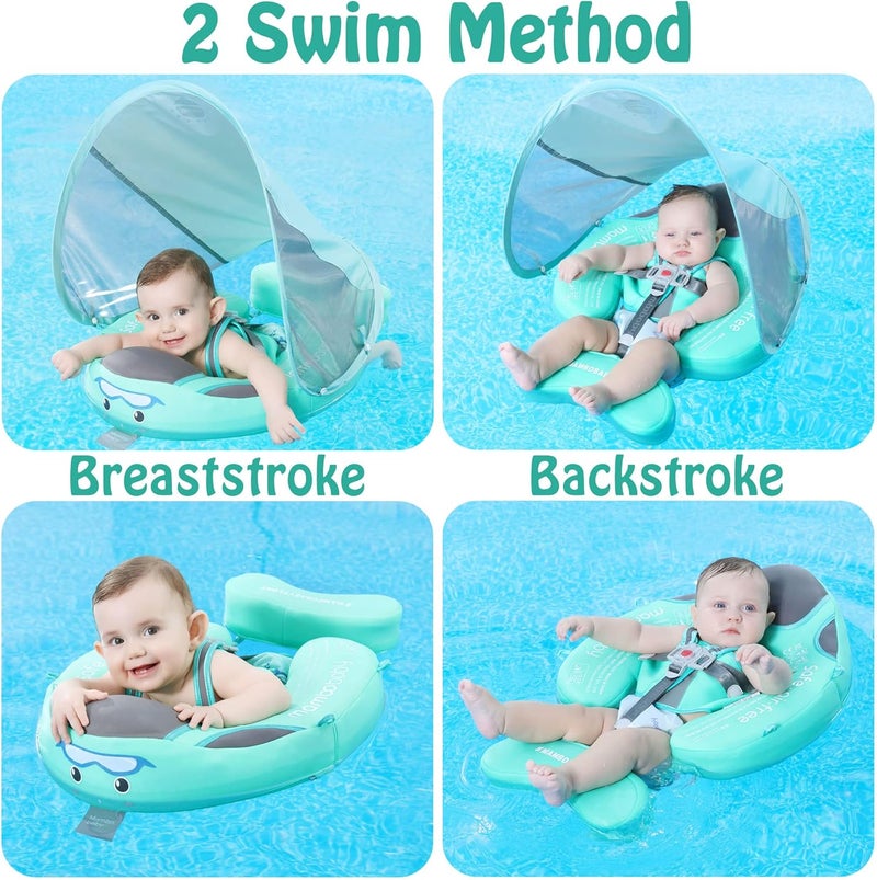 AnjeeIOT Mambobaby Float with Canopy Baby Float Non-Inflatable Baby Pool Float Solid Swimming Float Upgraded Add Tail Never Flip Over for Infant 3-24 Months, Green - Image 3